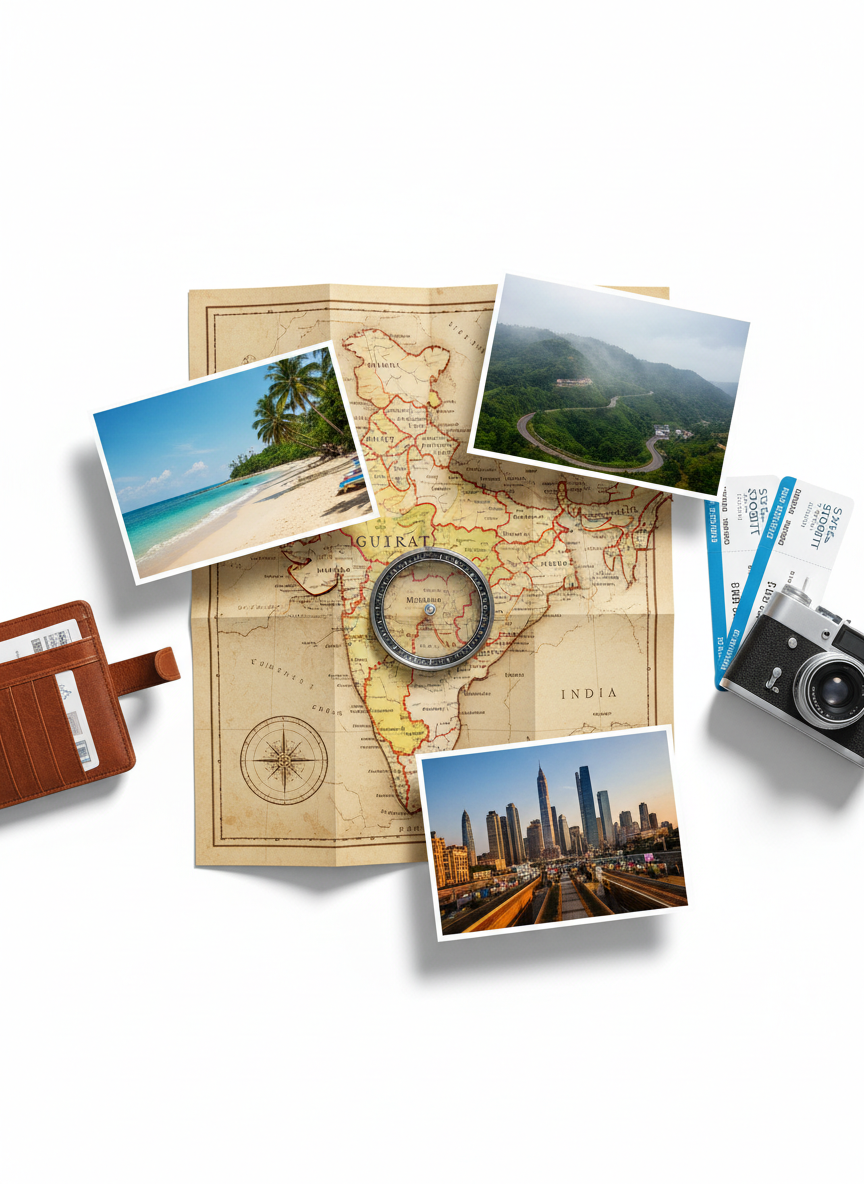 A highly detailed photographic collage-style layout on a clean white surface, representing Sky Orbit Holidays’ diverse tours: a single large, unfolded map featuring India with Mehsana, Gujarat subtly circled by a metallic ring, surrounded by vivid postcard-sized photos of beaches, hill stations, deserts, and international cities. A finely textured leather travel wallet, glossy boarding passes with blurred text, and a compact camera complete the arrangement. Overhead studio lighting creates soft, even illumination and gentle shadows, emphasizing textures and colors. Shot from a true top-down perspective, with clear, organized composition that feels professional, inspiring, and focused on curated travel experiences.