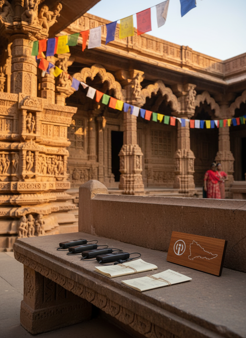 An immersive photographic scene of an expertly guided cultural tour: an intricately carved historic temple courtyard in warm sandstone, with colorful prayer flags and detailed architectural motifs. In the foreground, a tidy cluster of high-quality audio guides, folded printed itineraries, and a small signboard displaying a stylized contact icon near a subtle map outline of Mehsana, Gujarat (no readable text) rests on a stone bench. Late afternoon sunlight creates golden highlights and deep, soft-edged shadows, emphasizing texture. Captured at eye level with moderate depth of field, the atmosphere feels rich, educational, and thoughtfully organized, reflecting Sky Orbit Holidays’ curated cultural journeys.