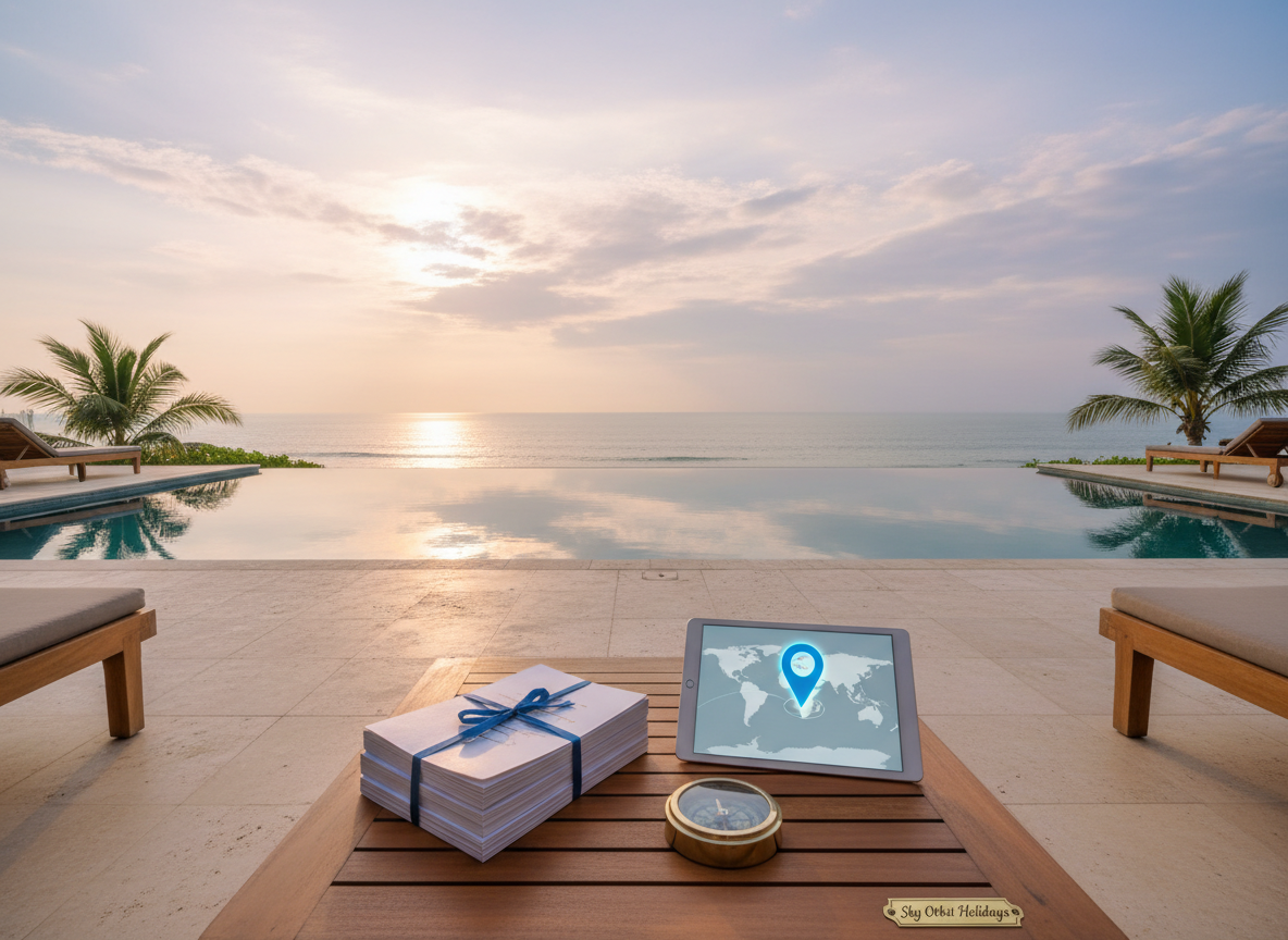 A serene photographic composition of a premium holiday stay curated by Sky Orbit Holidays: an immaculate oceanfront villa terrace with an infinity pool reflecting a pastel sunrise. On a teak table in the foreground, a meticulously arranged stack of travel itineraries, a digital tablet with a stylized map pin near Gujarat (no legible text), and a sleek metallic compass suggest organized destination tours. Gentle morning light filters through, creating delicate reflections on the water and soft shadows across the stone tiles. Captured from a slightly elevated angle, with a calm, luxurious, and aspirational mood that conveys carefully selected, high-quality getaways.