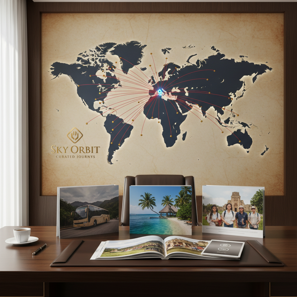 A sophisticated travel agency workspace showcasing Sky Orbit Holidays’ curated tours, with a large wall map of the world covered in pinned routes connecting to Mehsana, Gujarat, subtly highlighted with a small glowing marker. On a sleek dark wooden desk, open high-end brochures display vivid photographs of guided tours, luxury coaches, and serene resorts. A tablet shows a clean contact interface without legible text. Soft, diffused daylight from a side window creates a professional, focused atmosphere with minimal reflections. Photographic realism, eye-level composition, crisp detail, and a calm, organized mood that conveys trust and quality service.