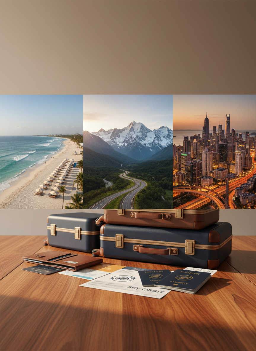 A panoramic aerial photographic view of a curated dream vacation itinerary, represented by a chain of iconic landscapes: a pristine turquoise tropical beach with neat rows of umbrellas, a snow-capped mountain range with a winding scenic road, and an illuminated modern city skyline at dusk. Elegant luggage, detailed passports, and polished travel documents are neatly arranged on a wooden table in the foreground, suggesting organized tours and quality planning. Soft golden hour light bathes the scene, creating crisp highlights and gentle shadows. Shot with wide-angle cinematic composition, sharp focus throughout, conveying professional reliability and inspiring wanderlust for Sky Orbit Holidays.